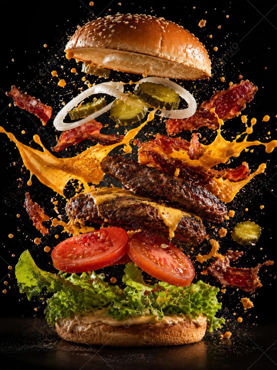 Foto Hambúrguer Artesanal Explodindo Ingredientes Fundo Preto
