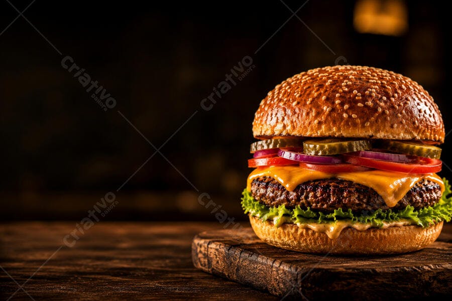 Foto Hambúrguer Artesanal Queijo Cheddar Picles Fundo Escuro