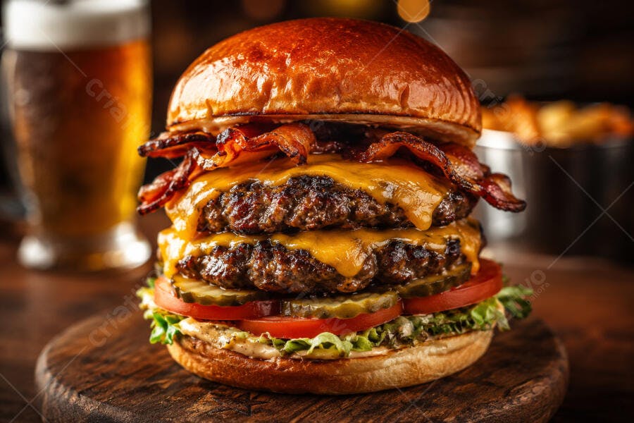 Foto Hambúrguer Duplo Bacon Queijo Cheddar Batata Frita Cerveja