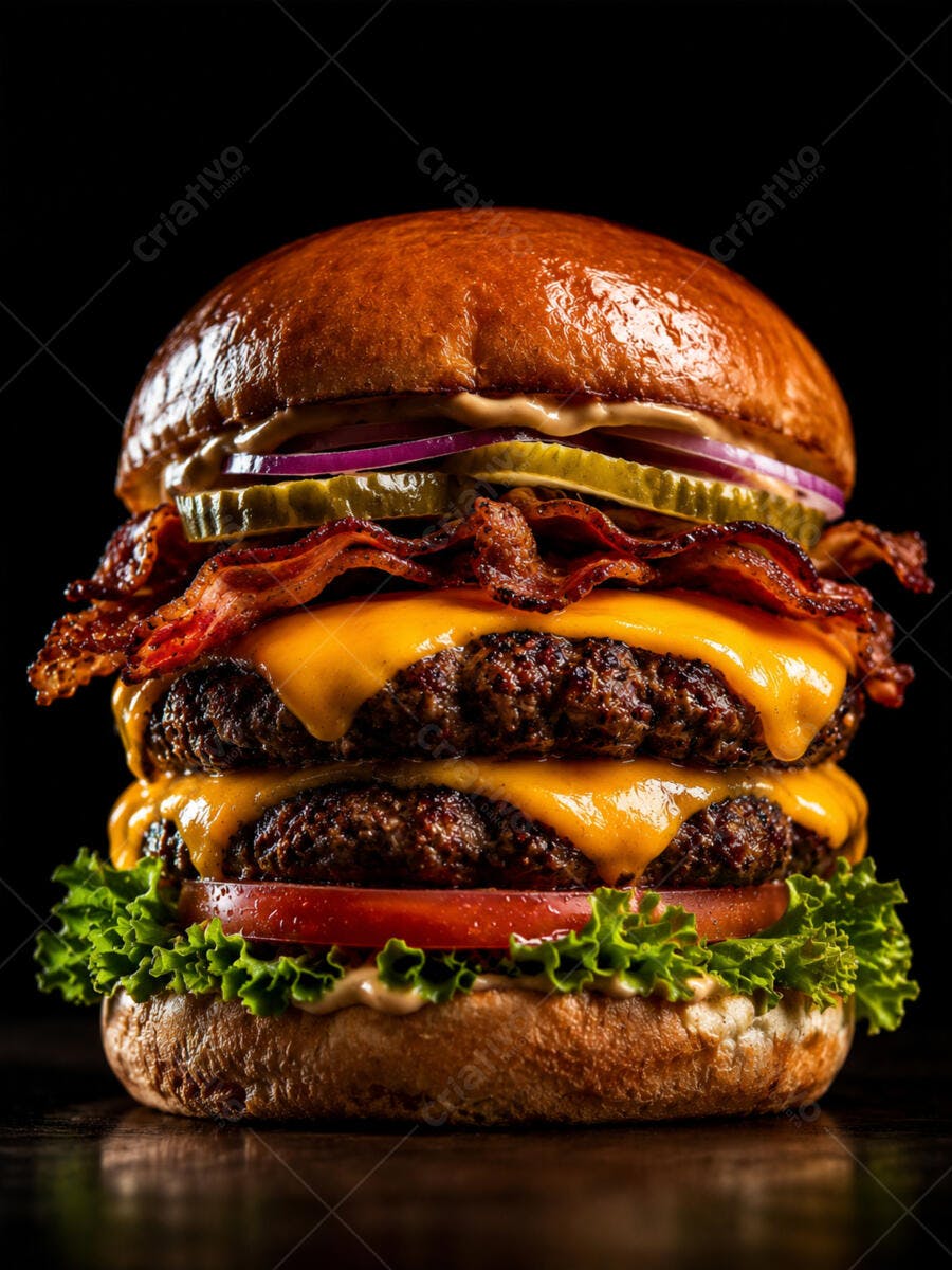 Foto Hambúrguer Duplo Bacon Queijo Picles Fundo Escuro