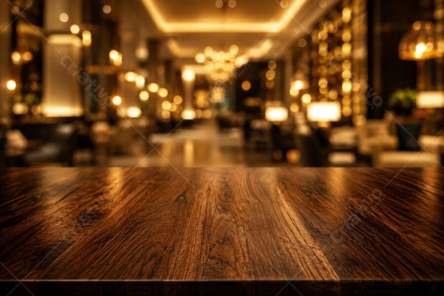 Foto Mesa de Madeira Vazia Fundo Desfocado Restaurante Luxuoso