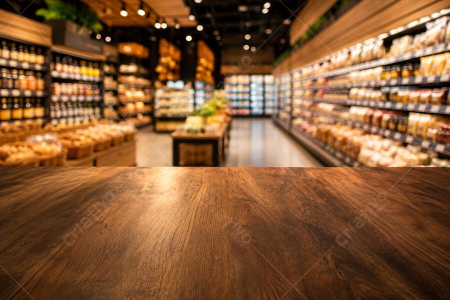 Foto Mesa de Madeira Vazia Supermercado Fundo Desfocado