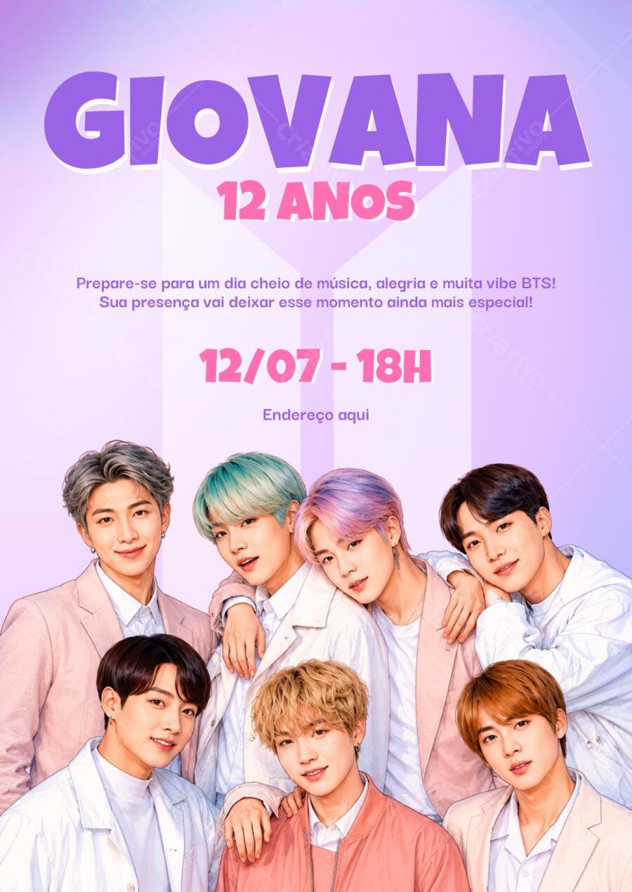 Convite Aniversário BTS 12 Anos Roxo Editável