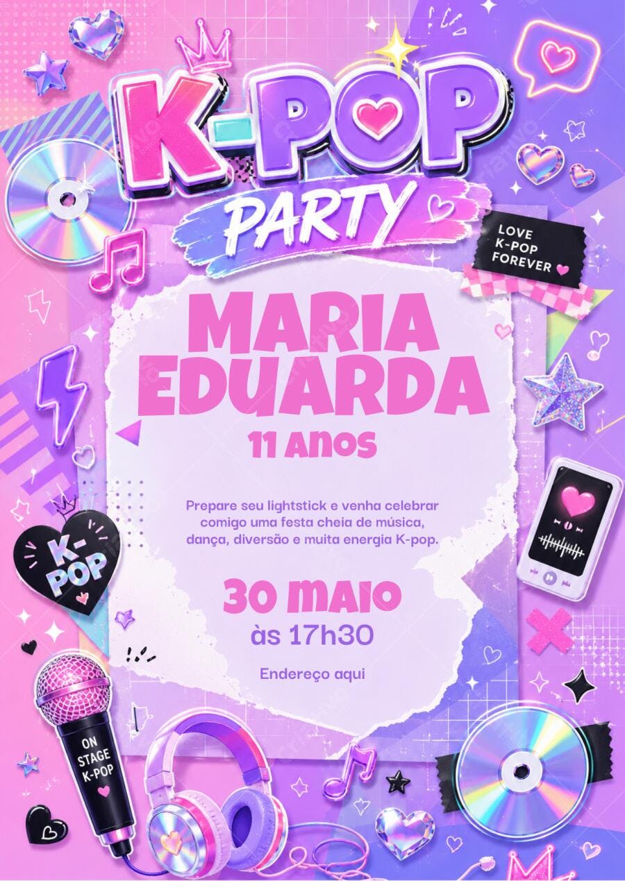 Convite Aniversário K-Pop Party 11 Anos Editável