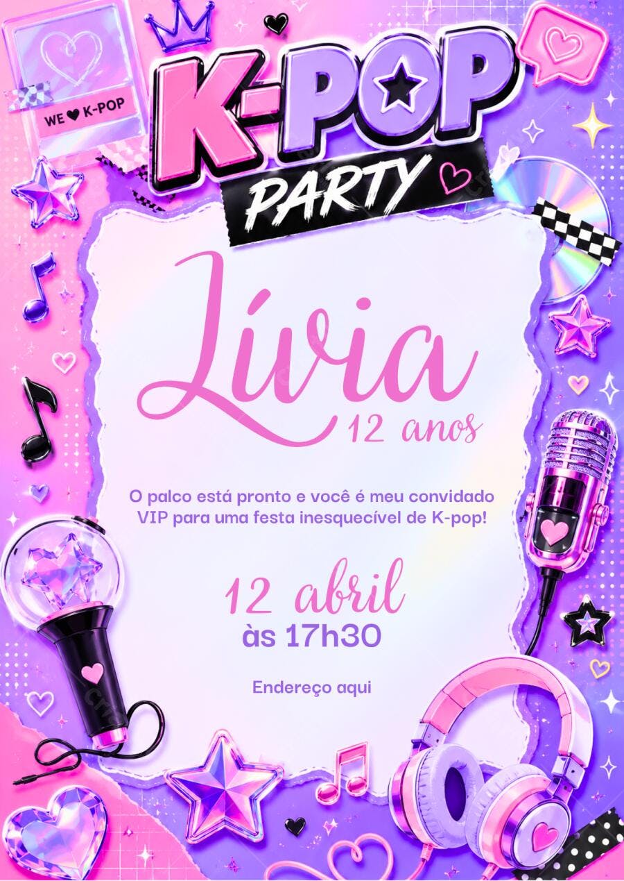Convite Aniversário K-Pop Party 12 Anos Editável