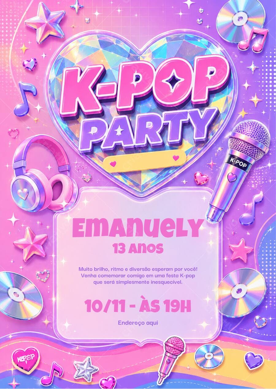 Convite Aniversário K-Pop Party 13 Anos Editável