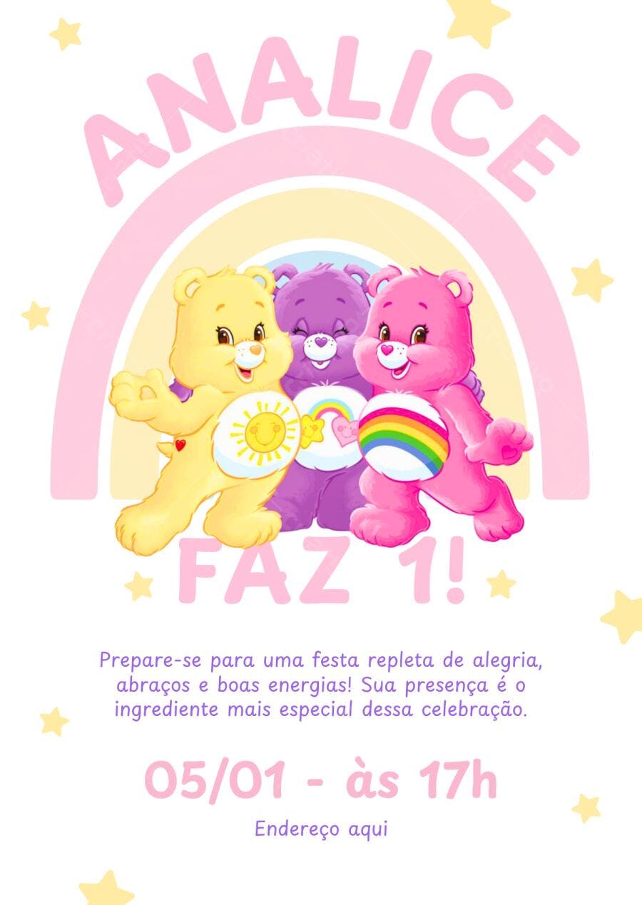 Convite Aniversário Ursinhos Carinhosos 1 Ano Editável