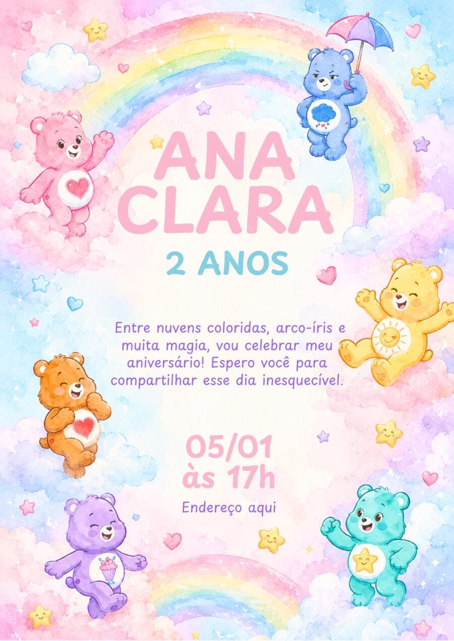 Convite Aniversário Ursinhos Carinhosos 2 Anos Editável