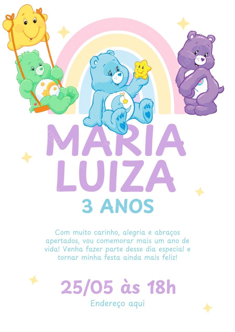 Convite Aniversário Ursinhos Carinhosos 3 Anos Editável