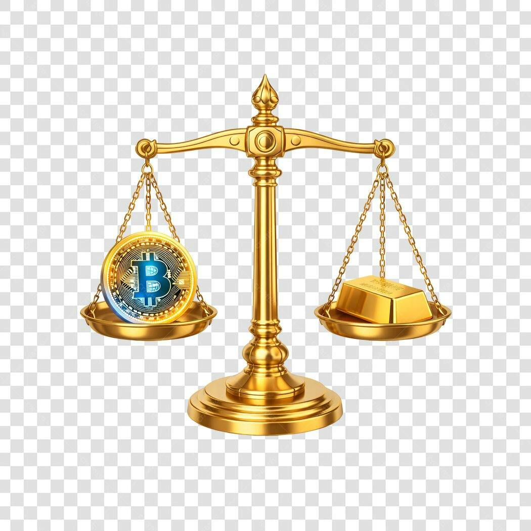 Elemento 3D Balança Bitcoin e Ouro PNG Fundo Transparente
