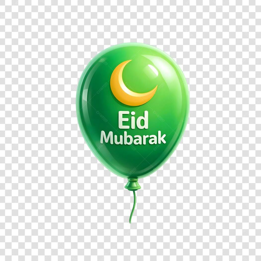 Elemento 3D Balão Eid Mubarak Verde Lua Crescente PNG Fundo Transparente