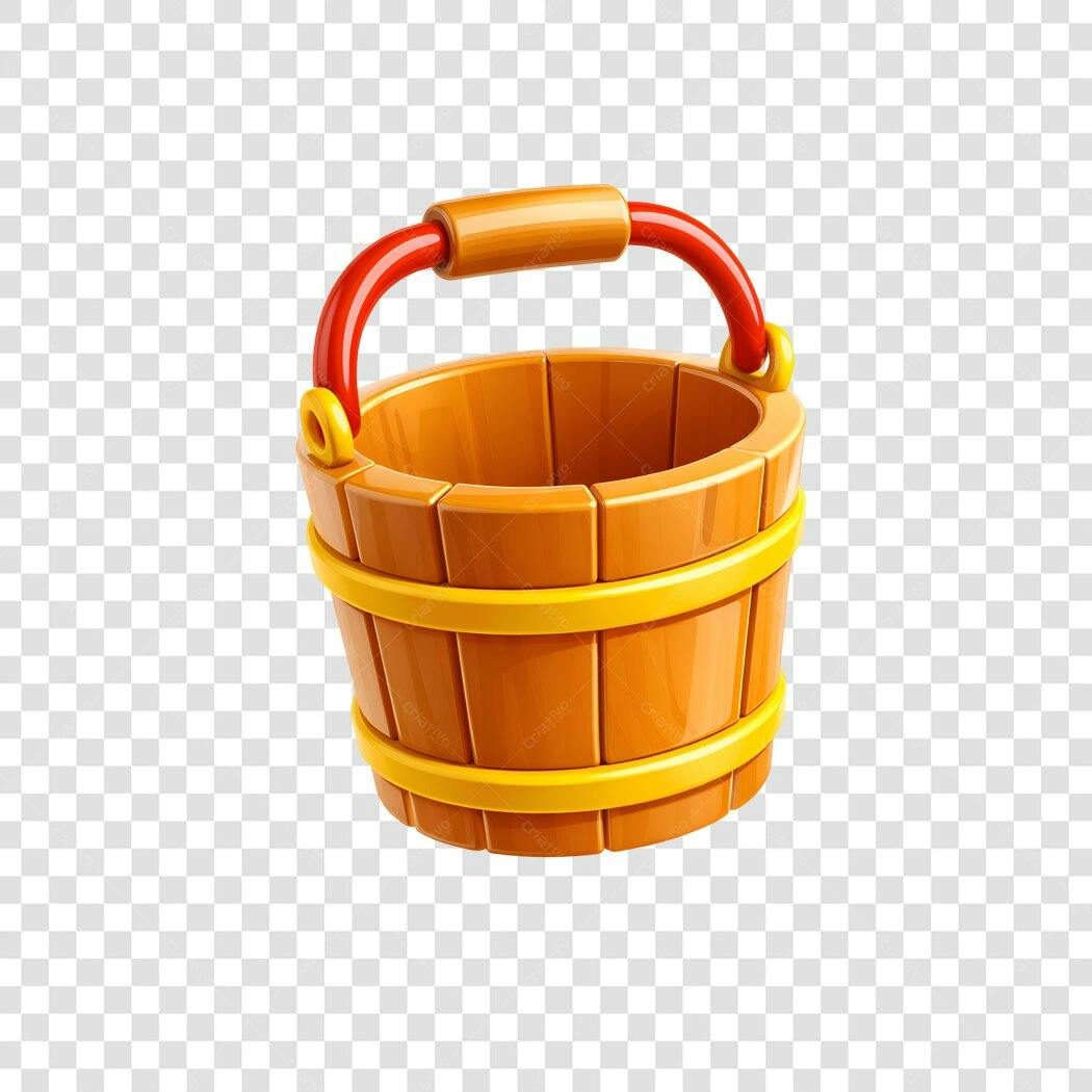 Elemento 3D Balde de Madeira Alça Vermelha PNG Fundo Transparente