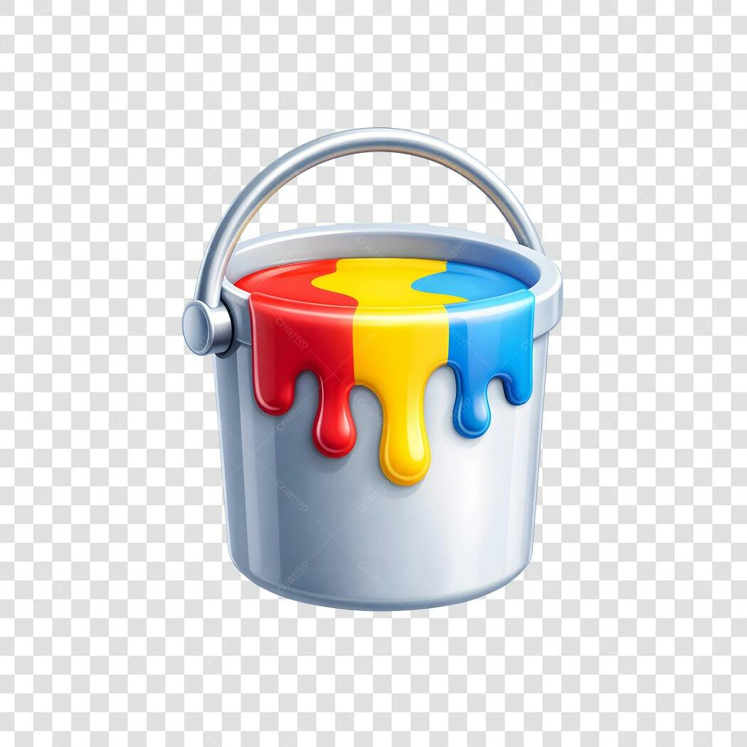 Elemento 3D Balde Tinta Colorida Vermelho Amarelo Azul PNG Fundo Transparente