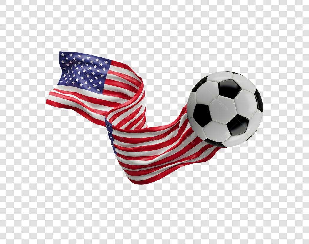 Elemento 3D Bandeira EUA com Bola Futebol PNG Fundo Transparente