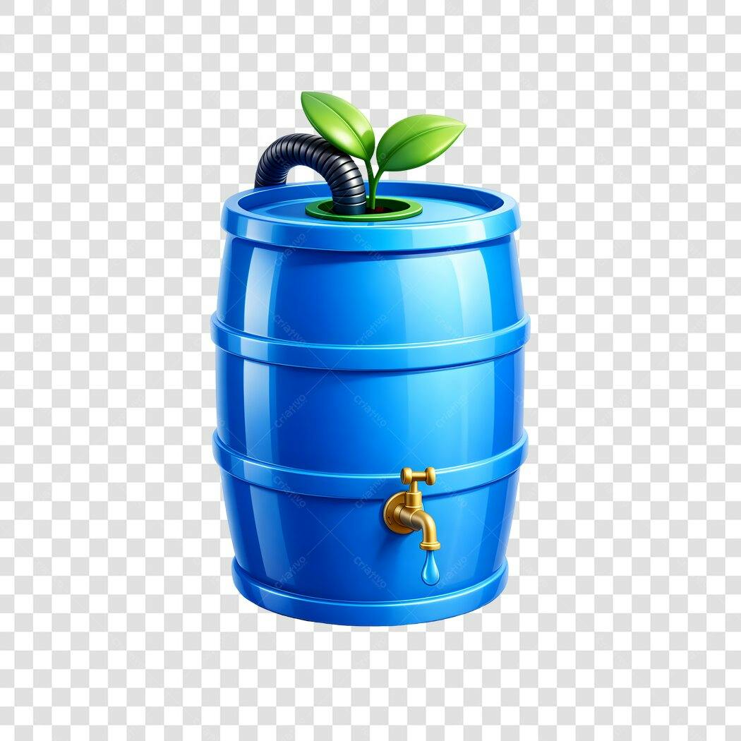 Elemento 3D Barril Azul Coleta Chuva Folhas PNG Fundo Transparente
