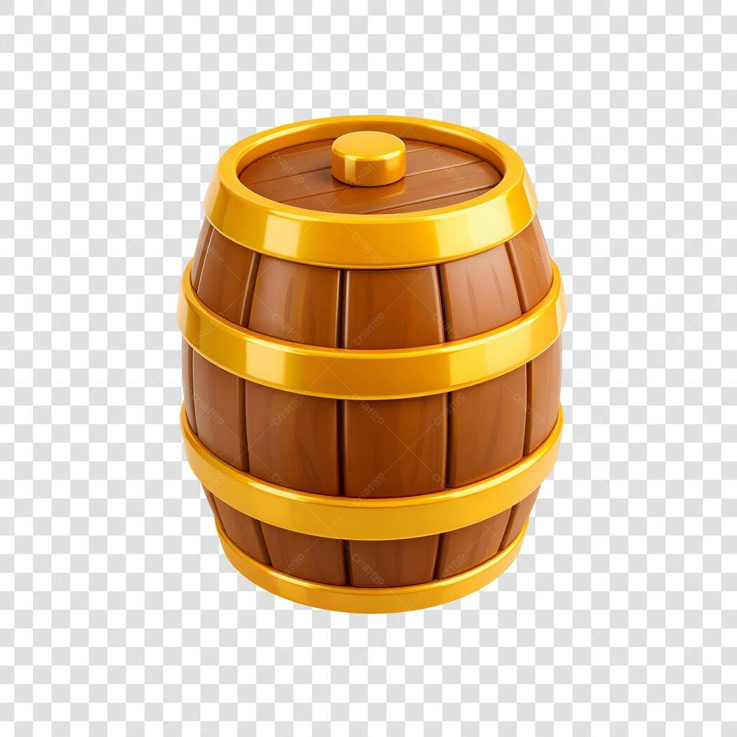Elemento 3D Barril de Madeira Marrom Dourado PNG Fundo Transparente