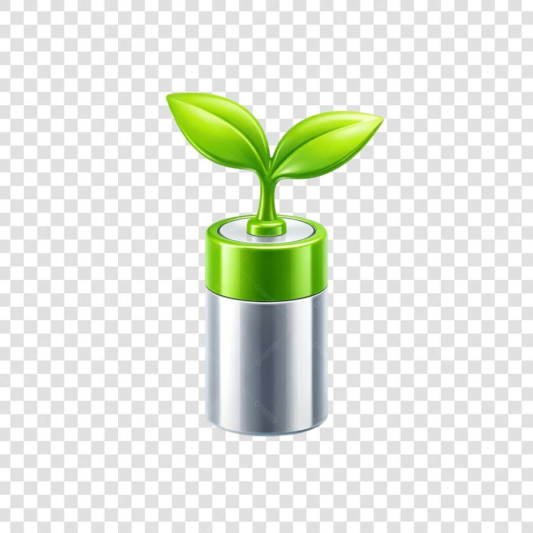 Elemento 3D Bateria Ecológica Folhas Verdes PNG Fundo Transparente