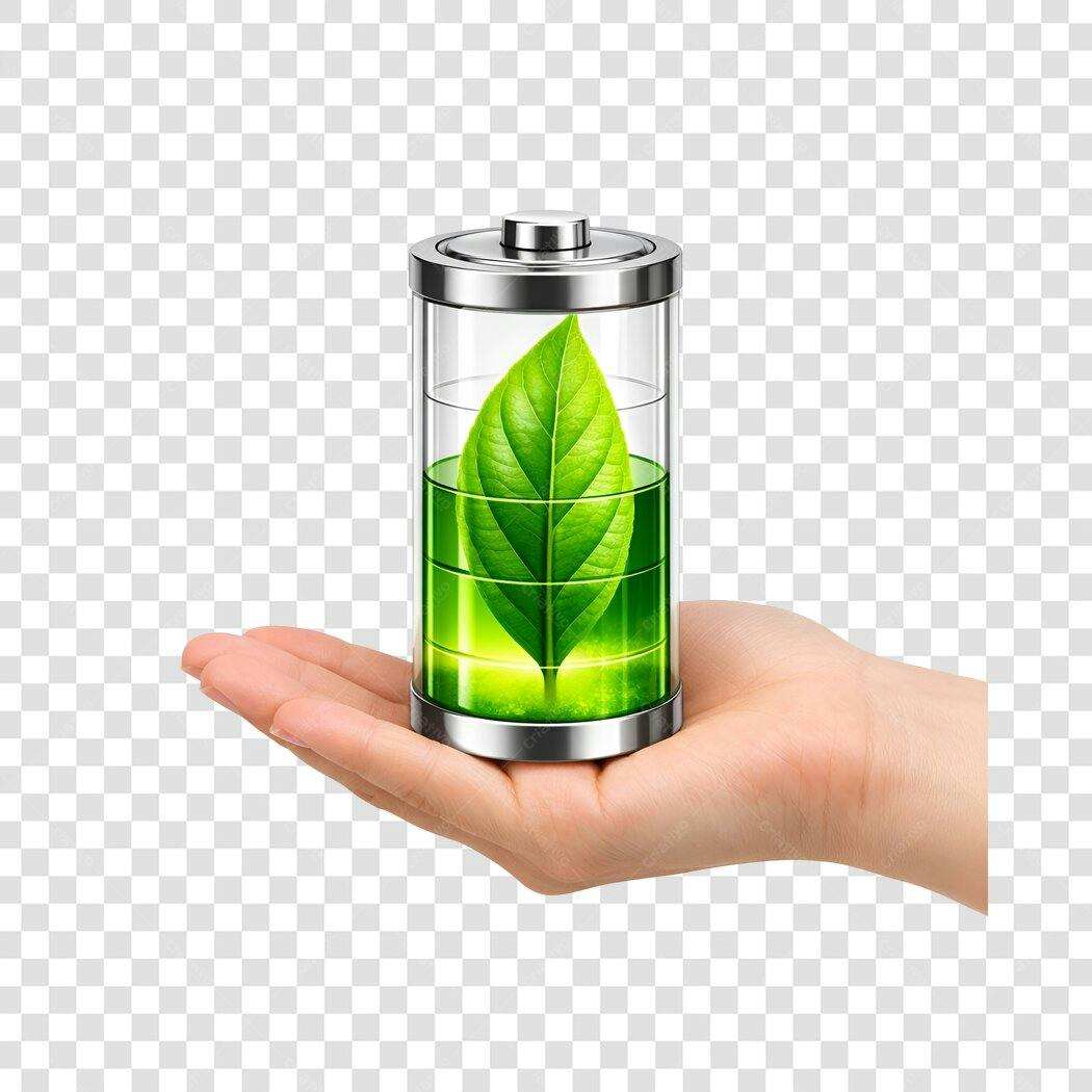 Elemento 3D Bateria Folha Verde Sustentabilidade PNG Fundo Transparente