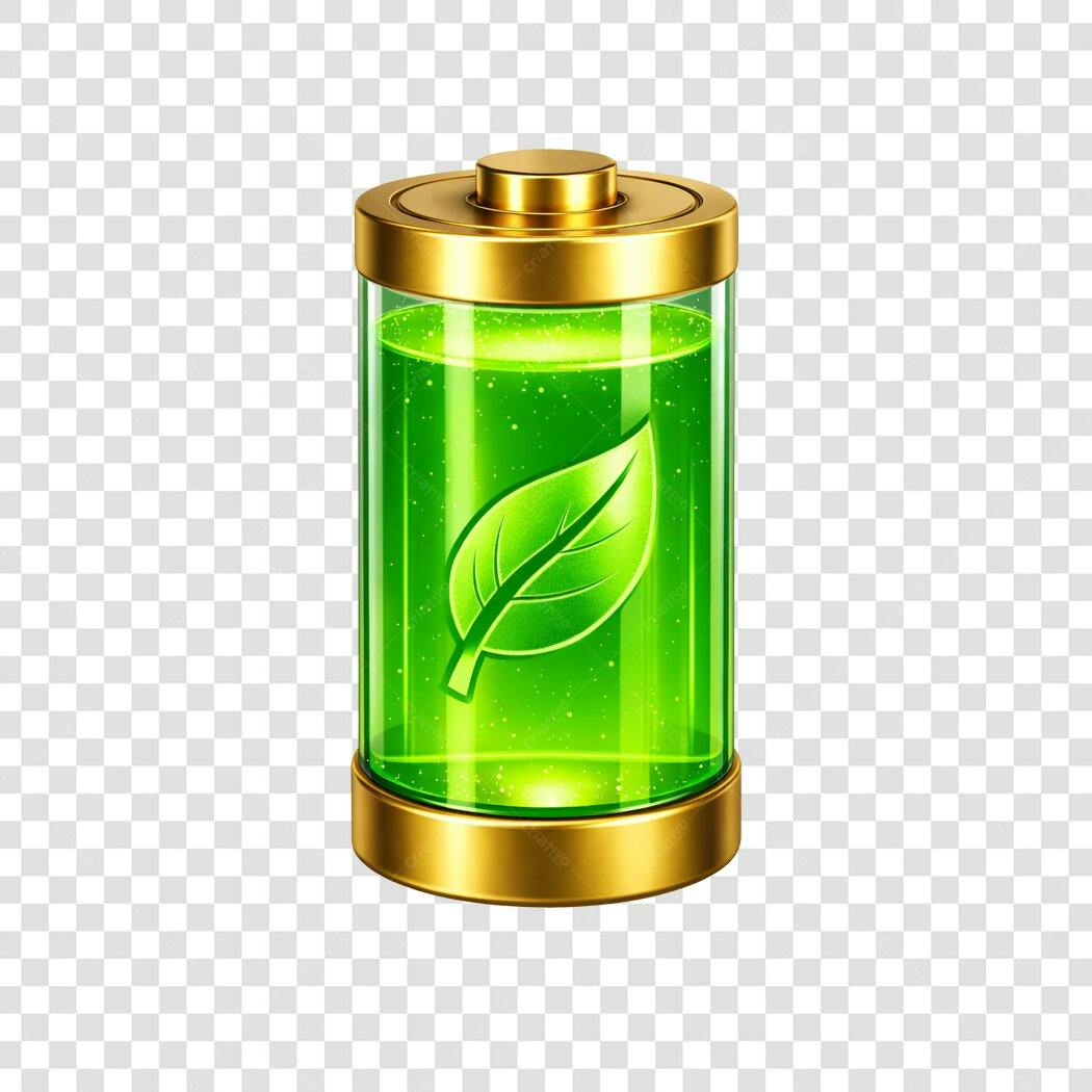 Elemento 3D Bateria Verde Folha Ecológica PNG Fundo Transparente