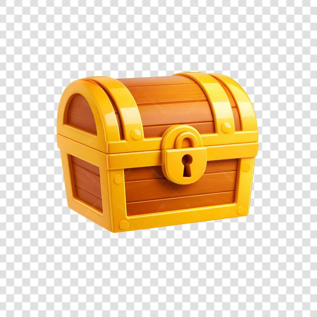 Elemento 3D Baú Tesouro Dourado Madeira PNG Fundo Transparente