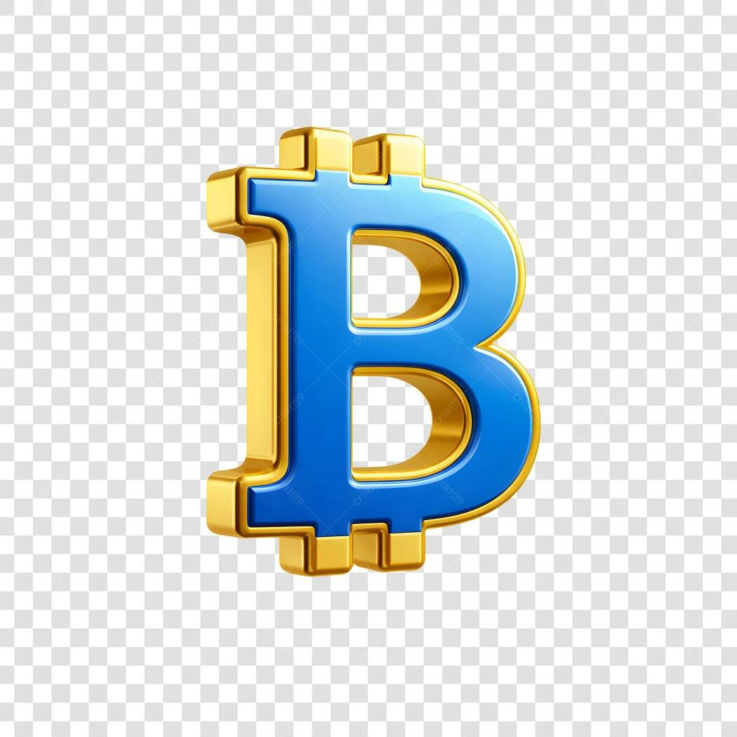 Elemento 3D Bitcoin Azul Dourado Criptomoeda PNG Fundo Transparente