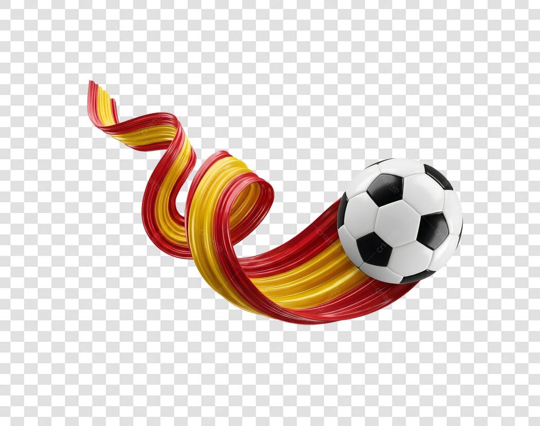 Elemento 3D Bola Futebol Fita Vermelha Amarela PNG Fundo Transparente