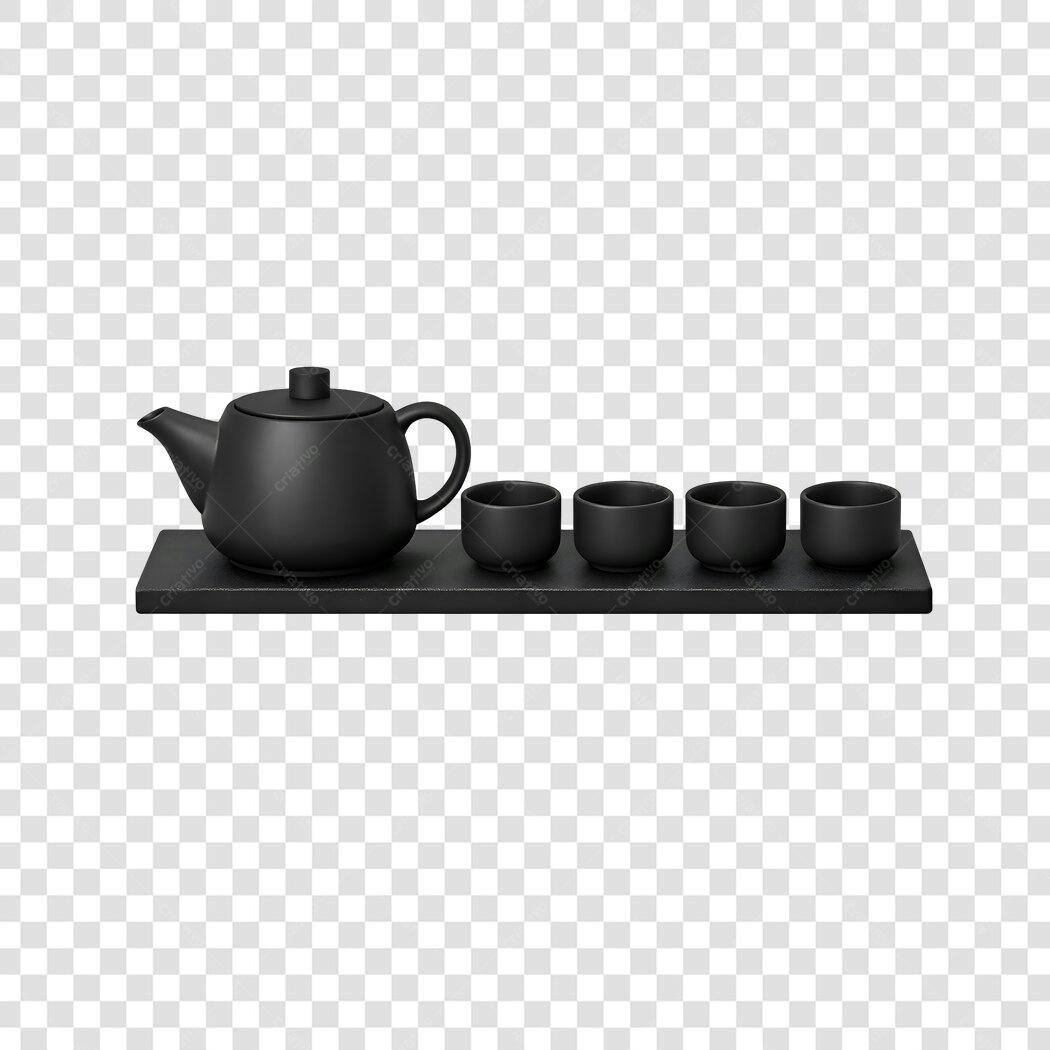 Elemento 3D Bule e Xícaras Chá Preto PNG Fundo Transparente