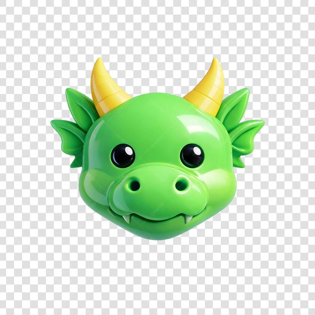 Elemento 3D Cabeça Dragão Verde Fofo PNG Fundo Transparente