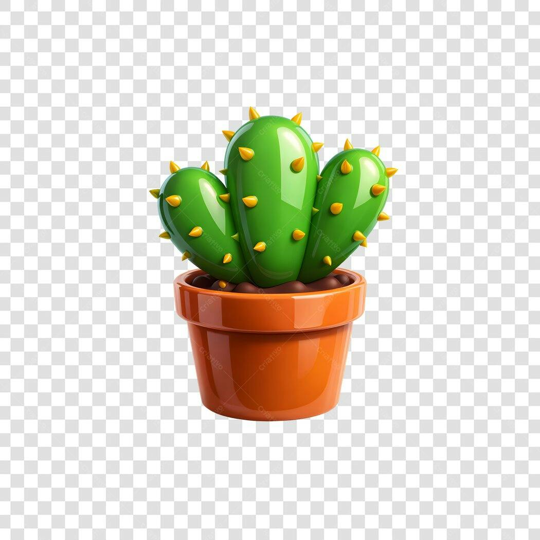 Elemento 3D Cacto Vaso Laranja Verde PNG Fundo Transparente