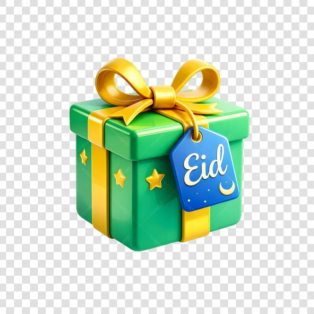 Elemento 3D Caixa de Presente Eid Verde Dourado PNG Fundo Transparente