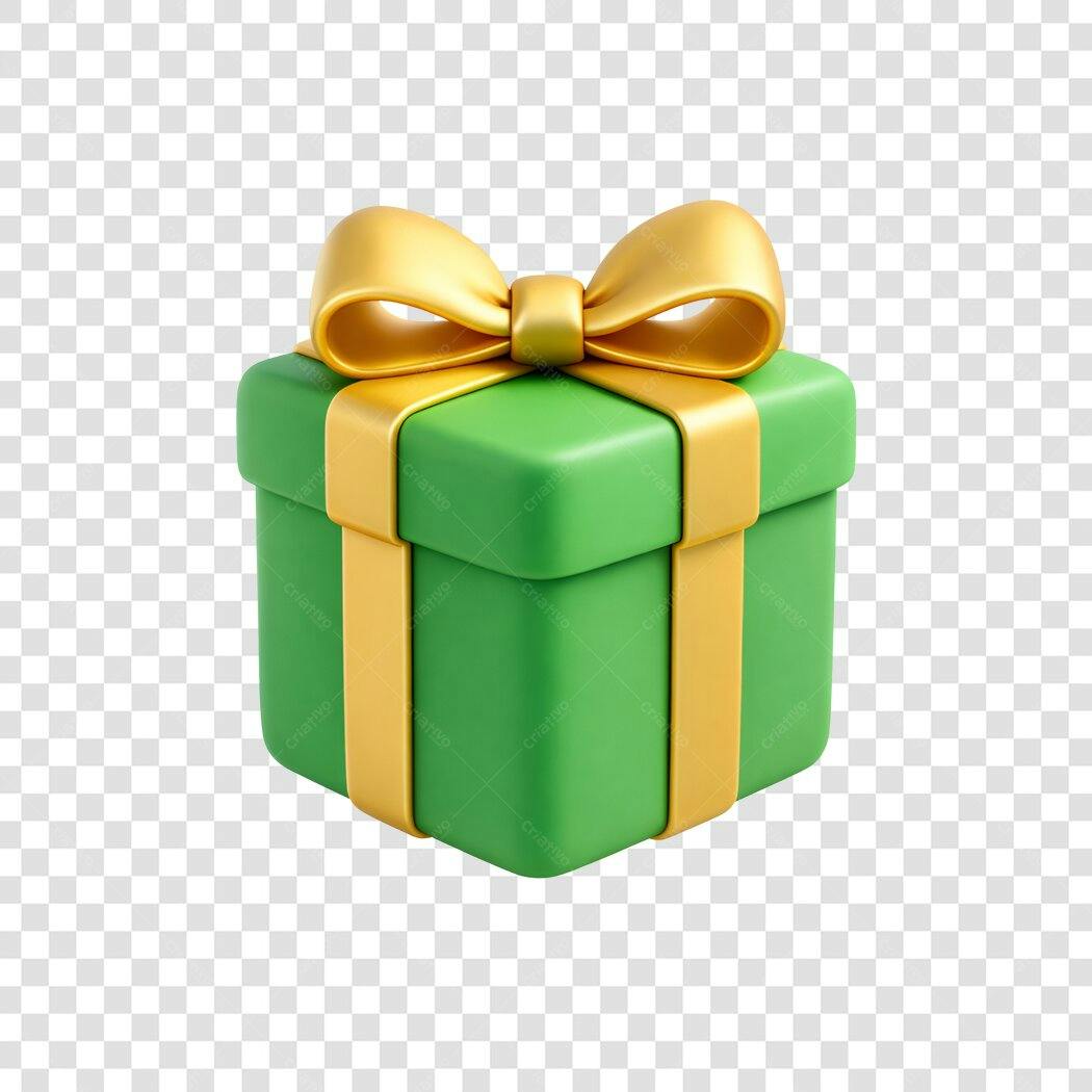 Elemento 3D Caixa de Presente Verde Laço Dourado PNG Fundo Transparente