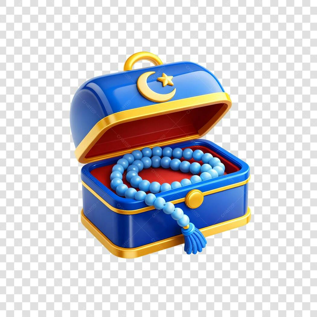 Elemento 3D Caixa Joias Islâmica Tasbih Azul PNG Fundo Transparente
