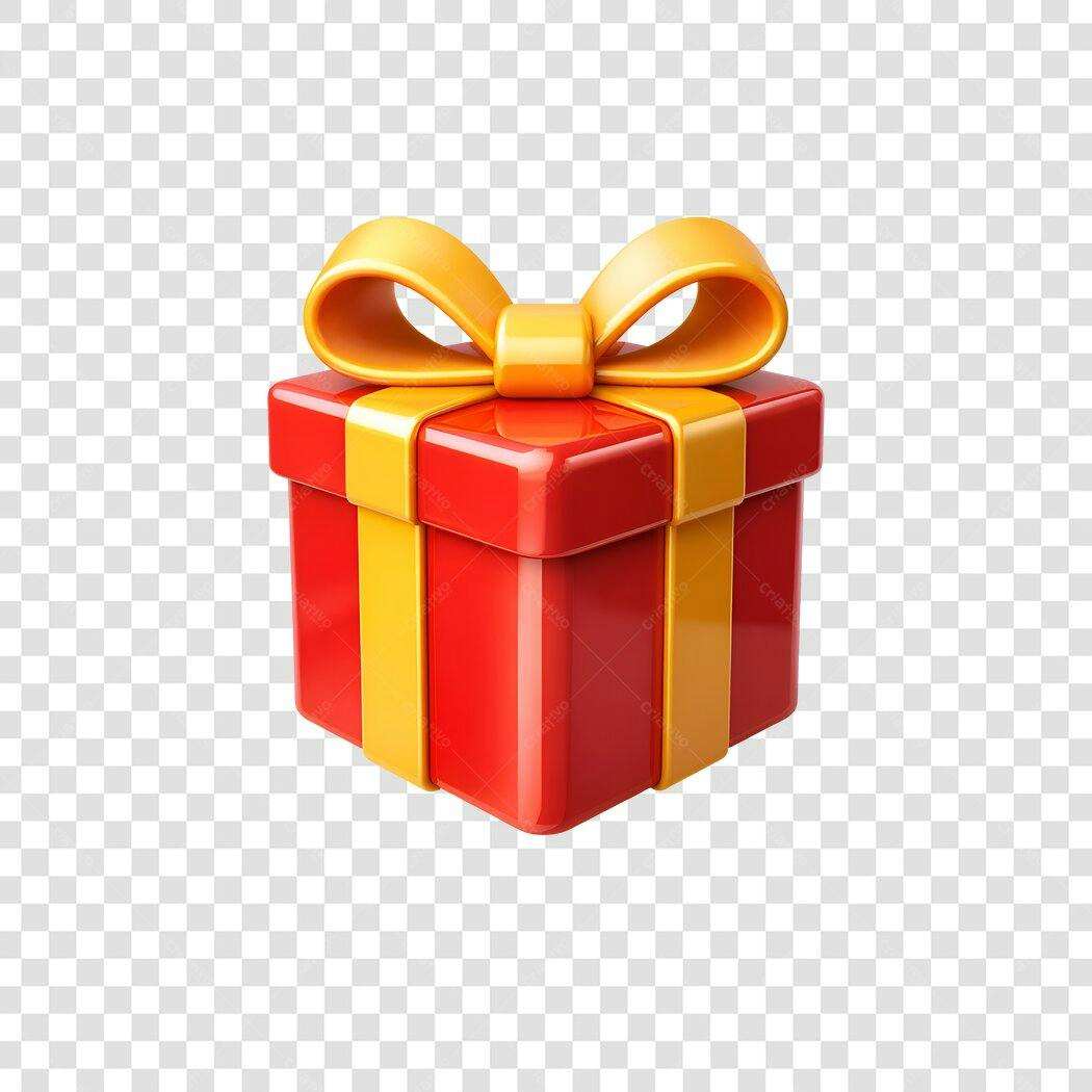 Elemento 3D Caixa Presente Vermelha Laço Dourado PNG Fundo Transparente
