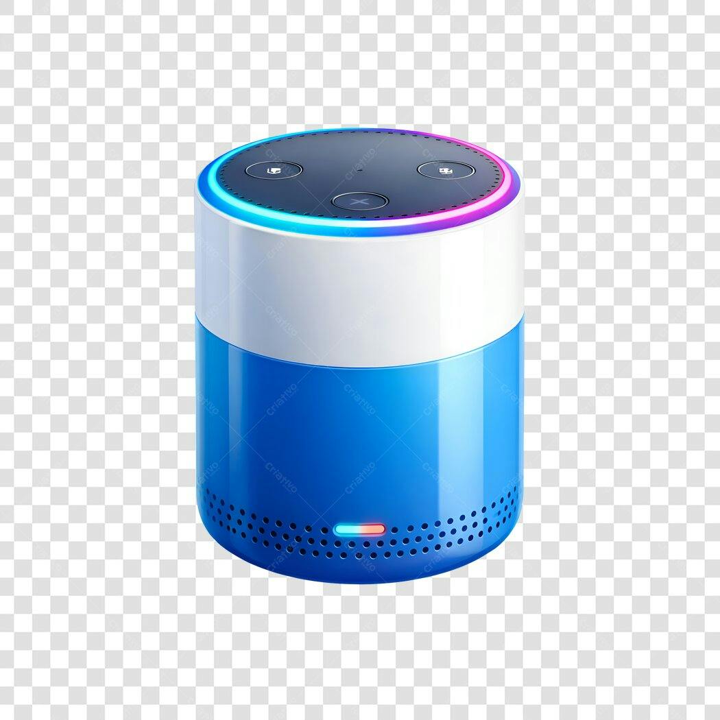 Elemento 3D Caixa Som Inteligente Azul Branca PNG Fundo Transparente