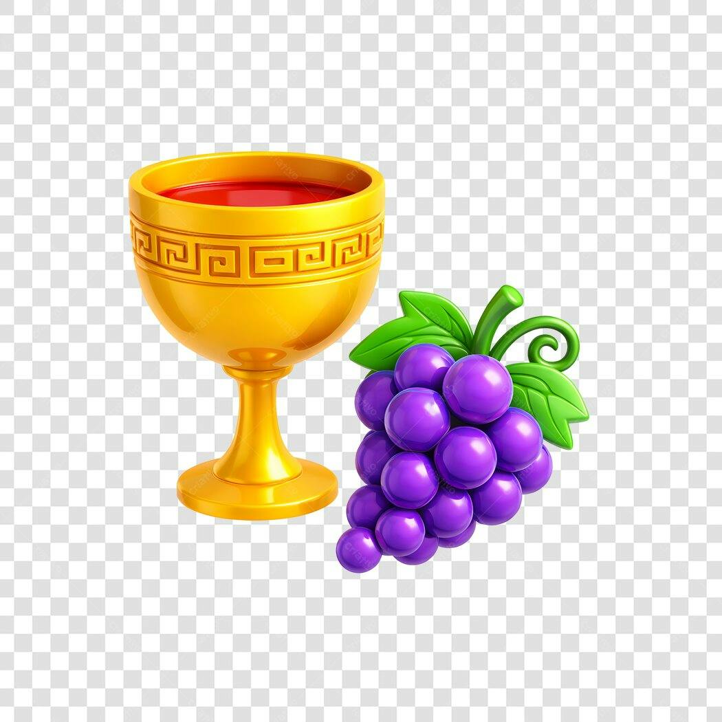 Elemento 3D Cálice Vinho Uvas Roxo Dourado PNG Fundo Transparente