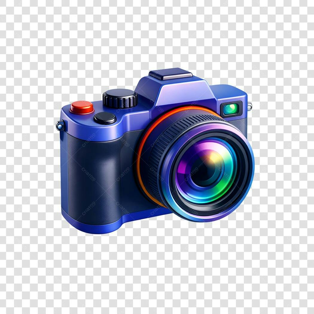 Elemento 3D Câmera Fotográfica Azul Lente Arco-Íris PNG Fundo Transparente
