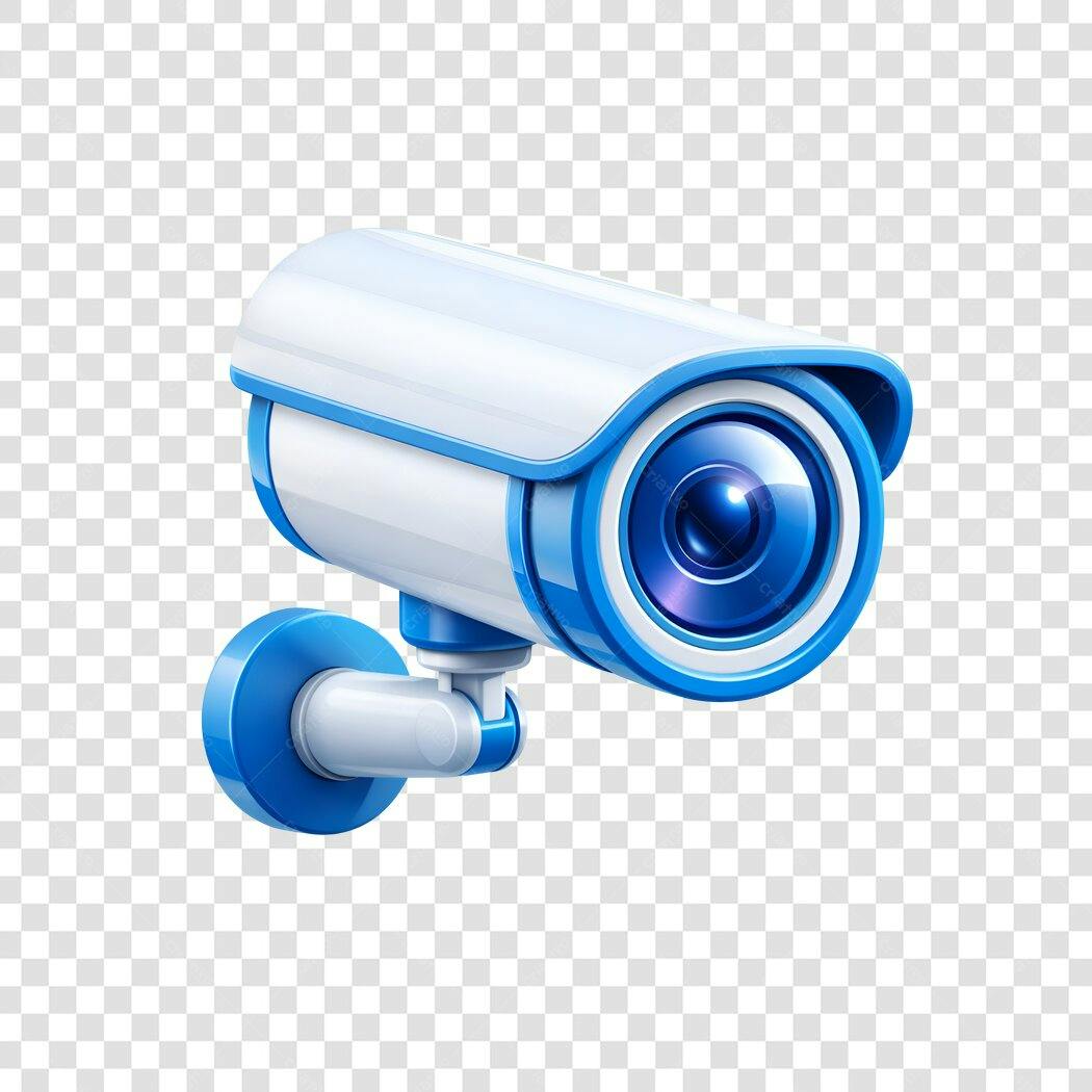 Elemento 3D Câmera Segurança Branca e Azul PNG Fundo Transparente
