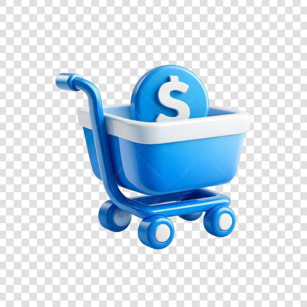 Elemento 3D Carrinho de Compras Dólar Azul PNG Fundo Transparente