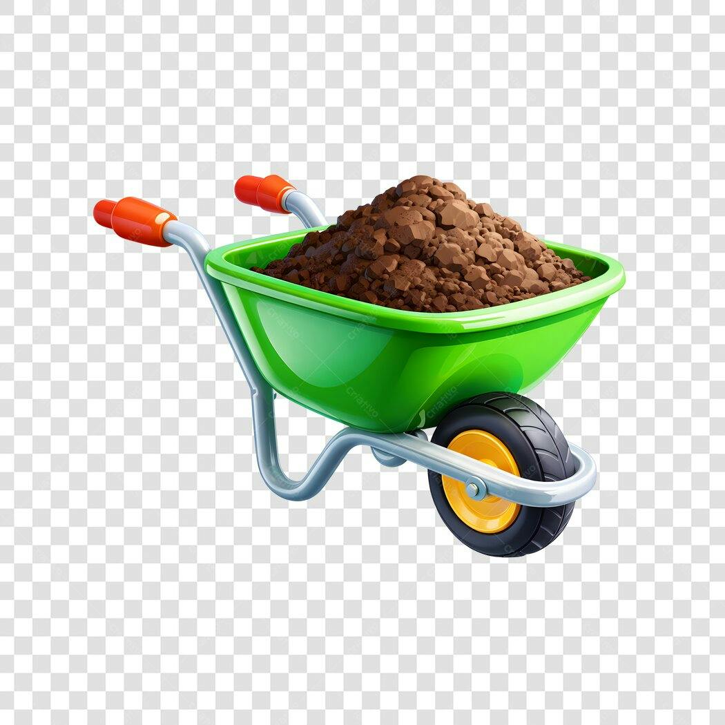 Elemento 3D Carrinho de Mão Terra Verde PNG Fundo Transparente