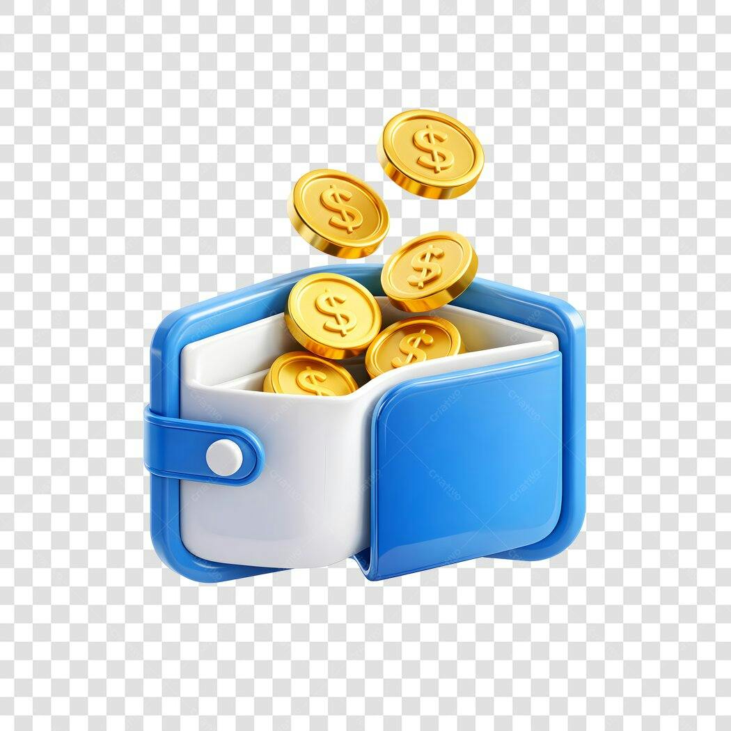 Elemento 3D Carteira Azul Moedas Dólar PNG Fundo Transparente