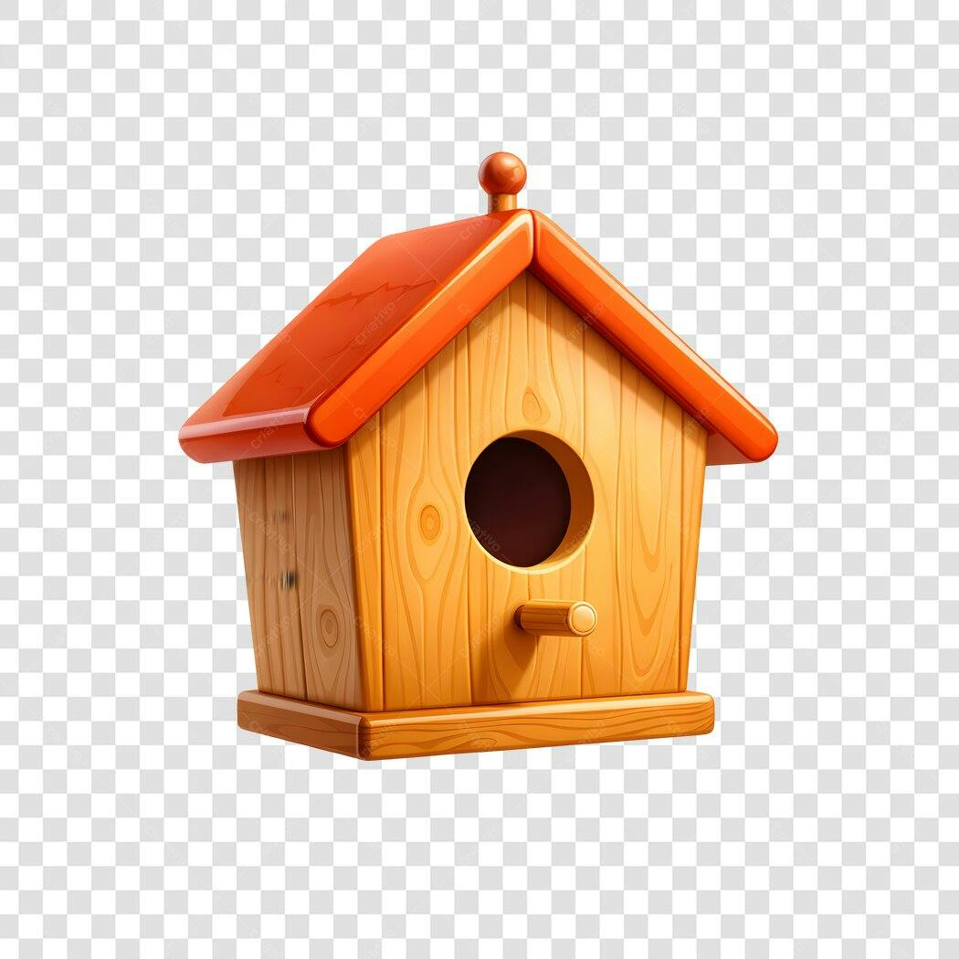 Elemento 3D Casa de Passarinho Madeira Telhado Laranja PNG Fundo Transparente