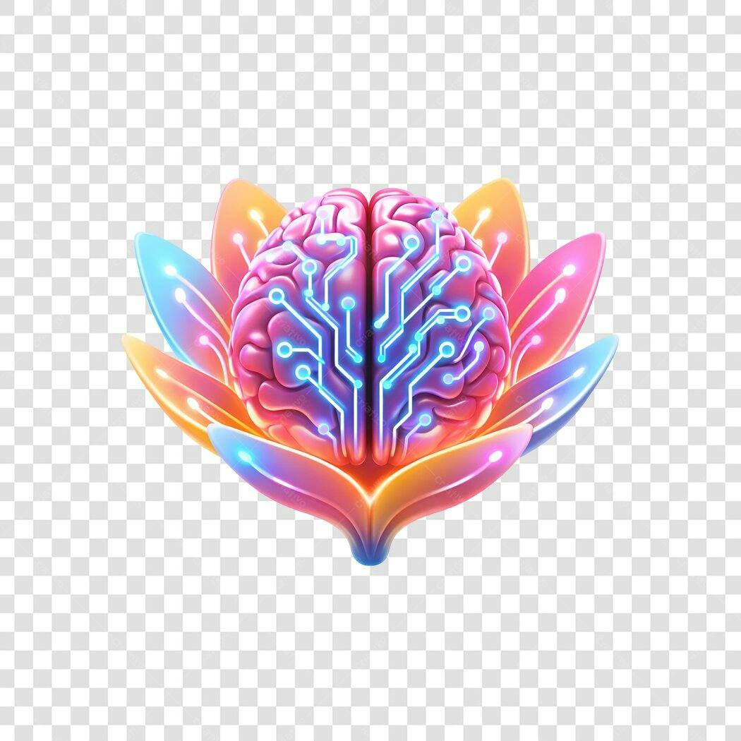 Elemento 3D Cérebro Flor de Lótus Tecnologia PNG Fundo Transparente