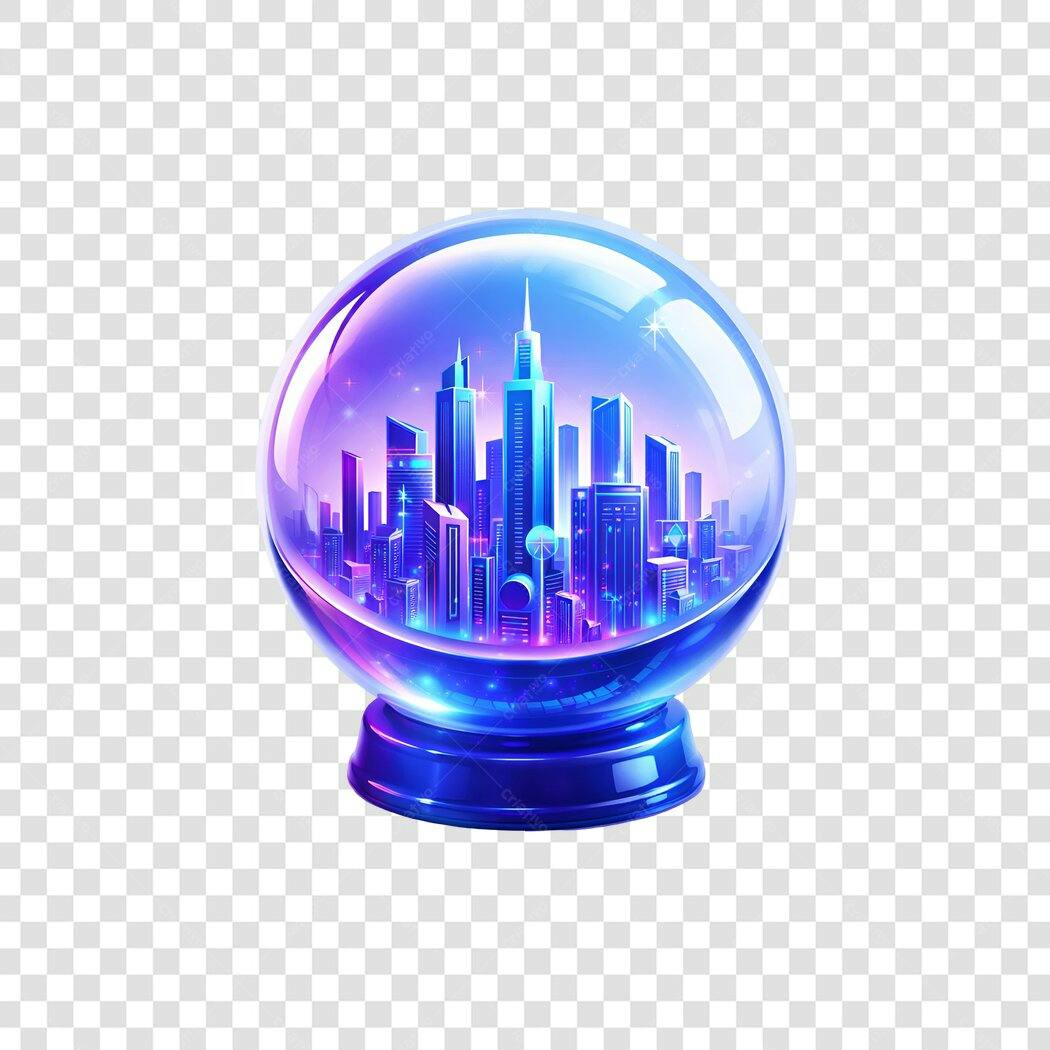 Elemento 3D Cidade Futurista Bola de Cristal PNG Fundo Transparente