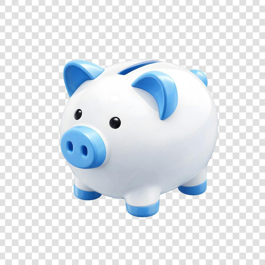 Elemento 3D Cofrinho Porquinho Branco Azul PNG Fundo Transparente