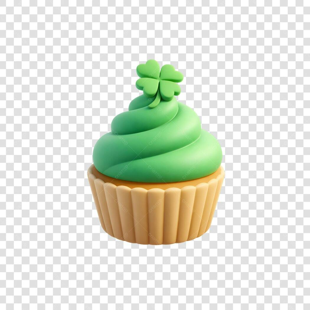 Elemento 3D Cupcake Verde Trevo São Patrício PNG Fundo Transparente