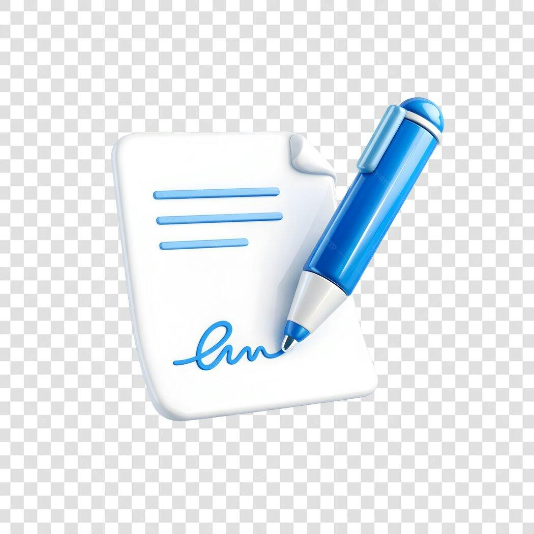 Elemento 3D Documento Assinatura Caneta Azul PNG Fundo Transparente