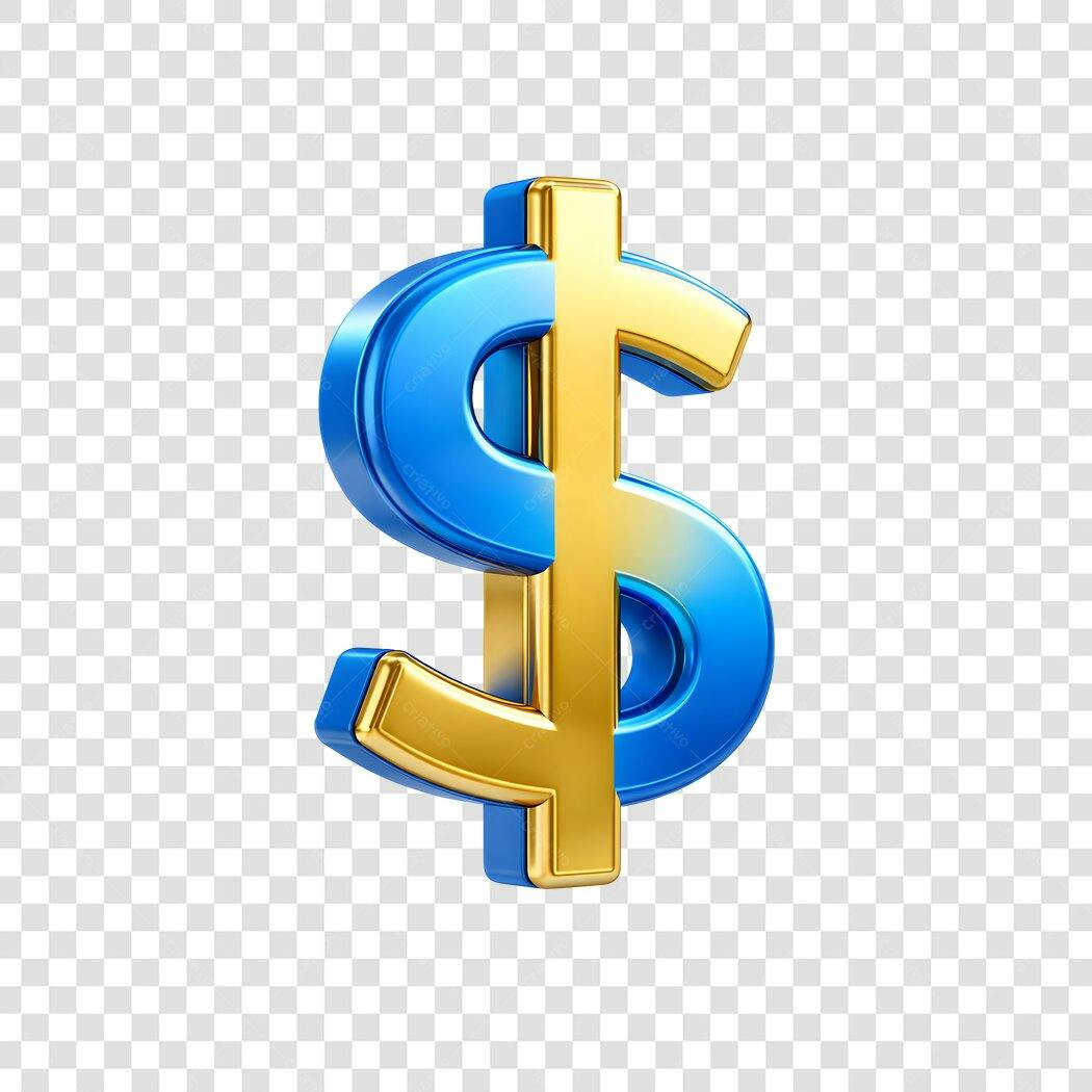 Elemento 3D Dólar Azul e Dourado Símbolo Moeda PNG Fundo Transparente
