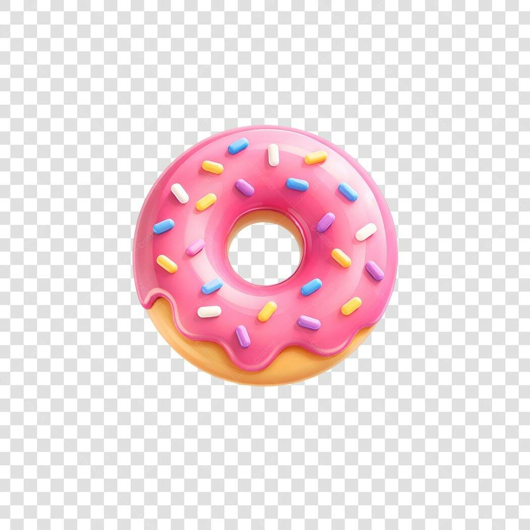 Elemento 3D Donut Rosa com Granulado Colorido PNG Fundo Transparente