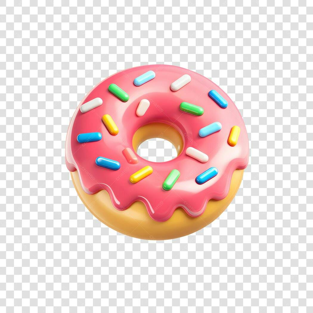 Elemento 3D Donut Rosa com Granulado Colorido PNG Fundo Transparente