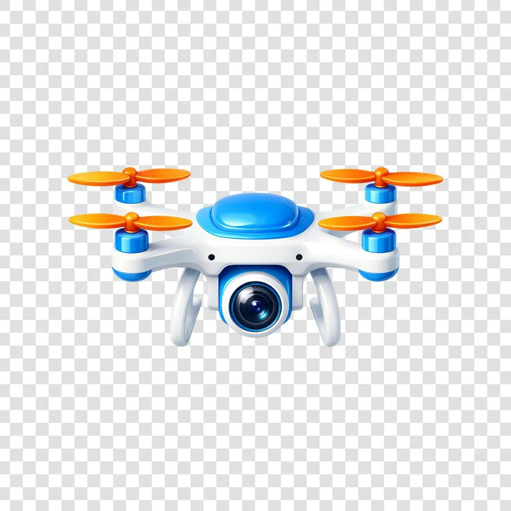 Elemento 3D Drone com Câmera Branco Azul Laranja PNG Fundo Transparente